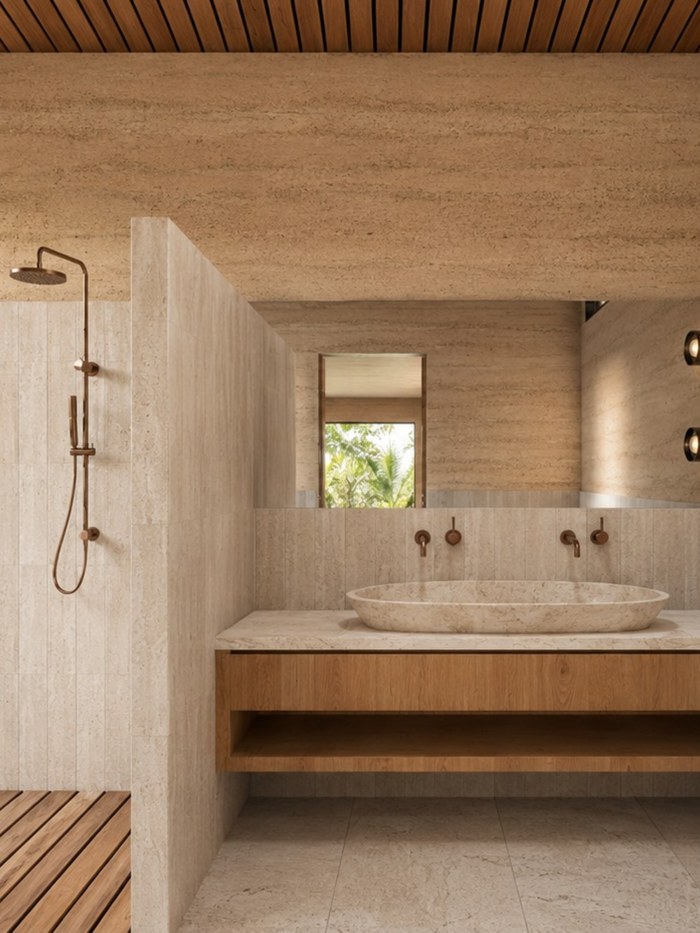 Ensuite bathroom with travertine walls, freestanding bath and rainforest views, Clunes Residence