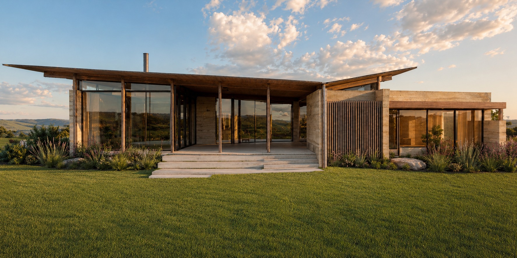 Rammed earth and timber exterior at dusk, opening onto the surrounding paddock, Clunes Residence