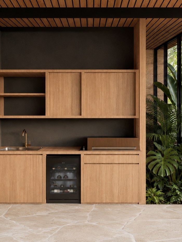 Outdoor BBQ area in oak joinery against rammed earth walls, Clunes Residence