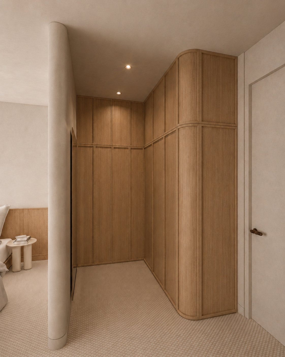 Oak walk-in robe wrapping the corner behind a curved plaster wall
