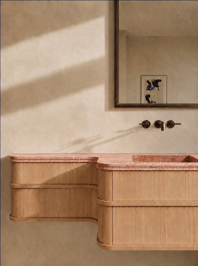 Curved oak vanity with a rosso marble top and wall-mounted tapware