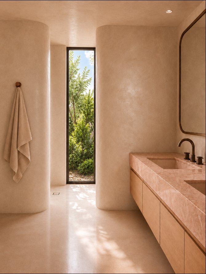 Vanity in warm plaster beside a full-height window onto the garden