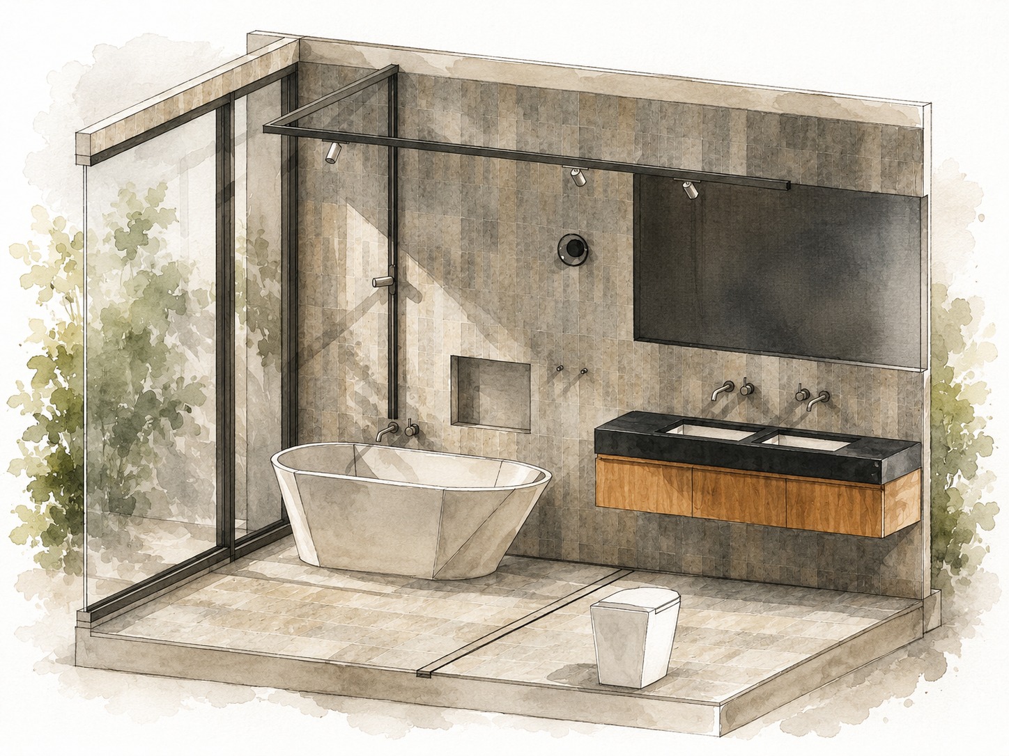 Watercolour concept study of a freestanding bath behind a glass shower screen, with a dark stone vanity beyond