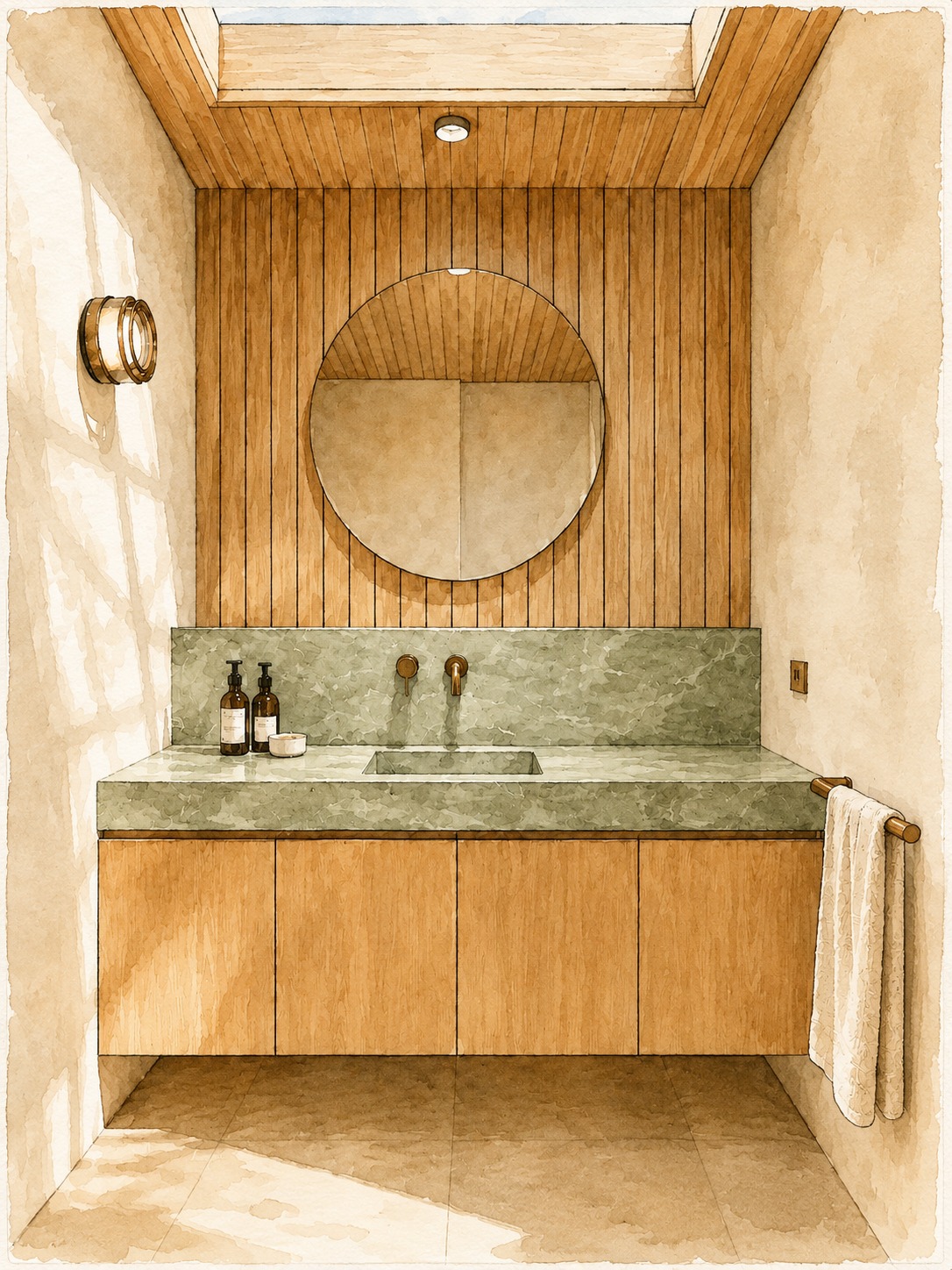 Watercolour concept study of an ensuite with stone tiling and rainforest view