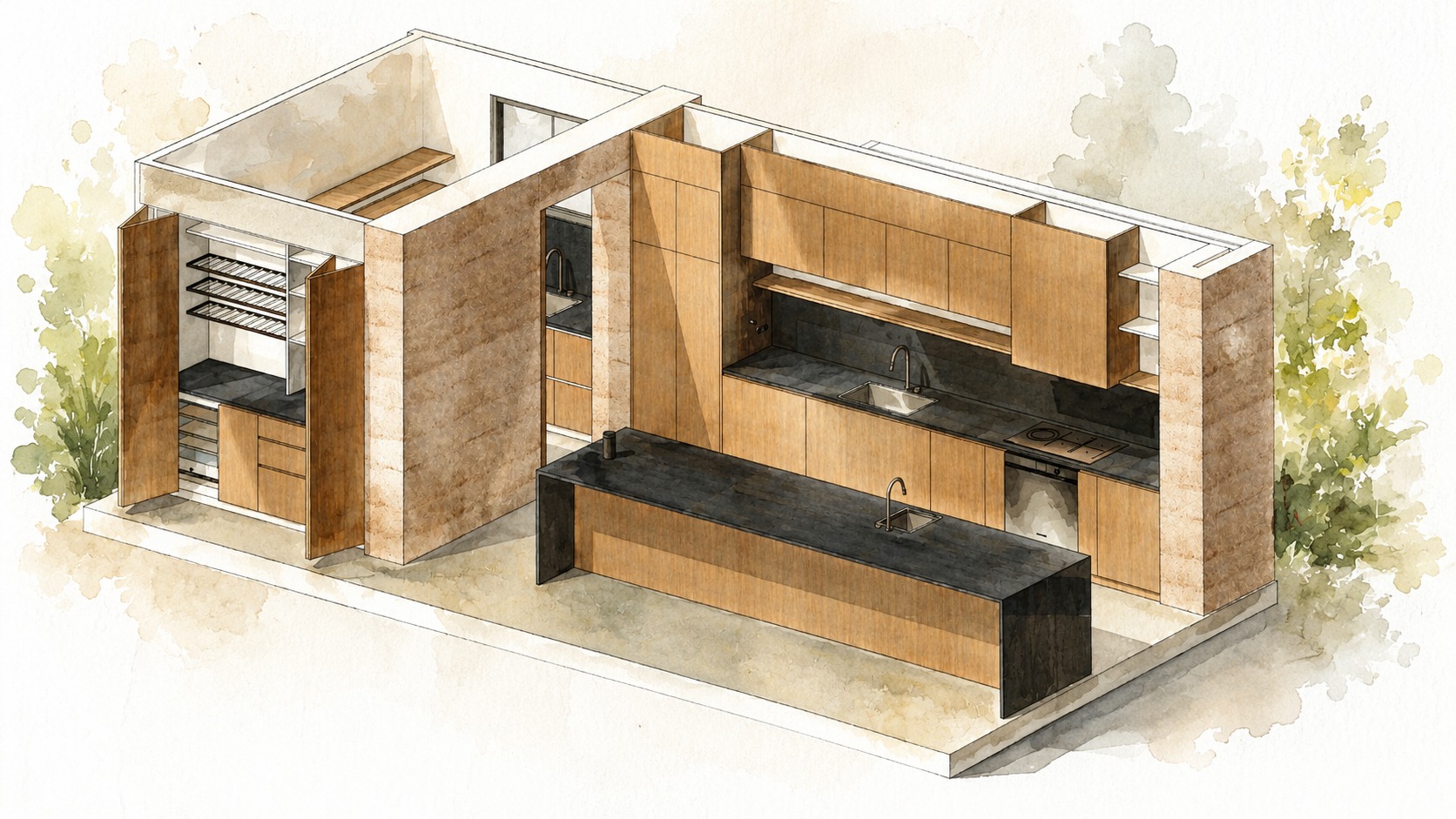 Watercolour concept study of a full kitchen in oak joinery with dark stone benchtops and an open pantry