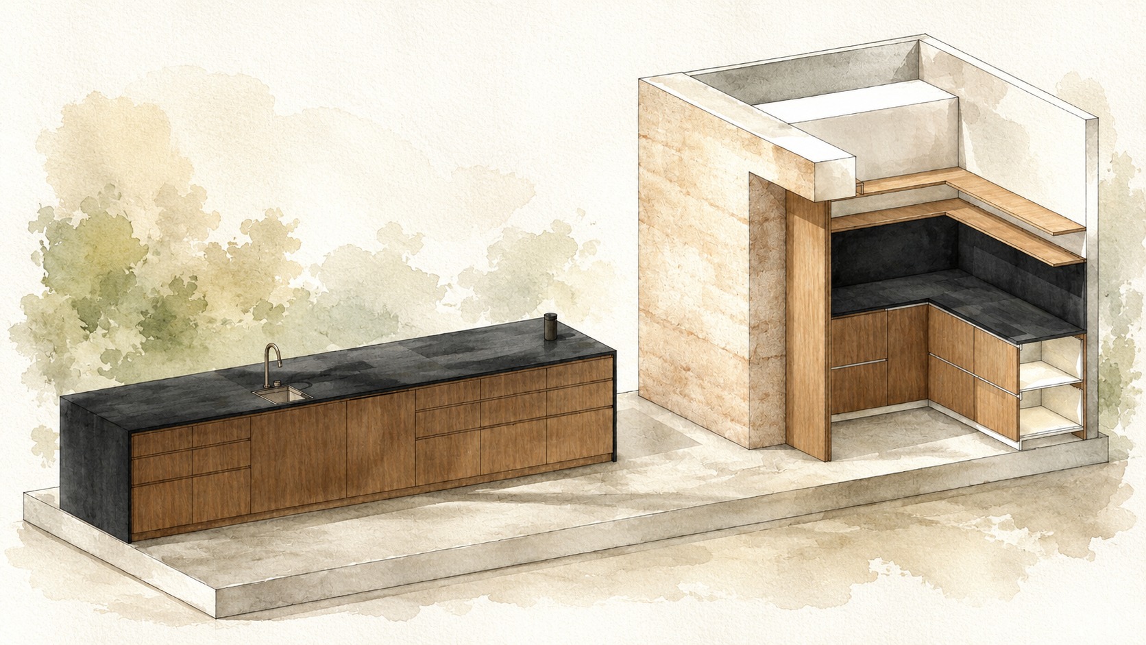 Watercolour concept study of a dark stone kitchen island and a corner kitchen nook in oak joinery
