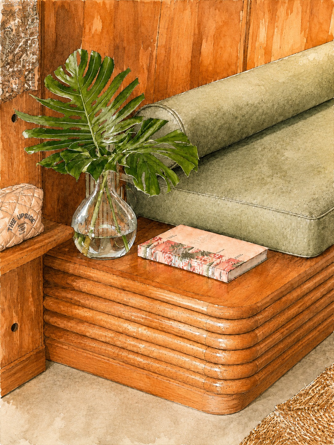 Watercolour concept study of a curved timber nightstand with a monstera leaf and books