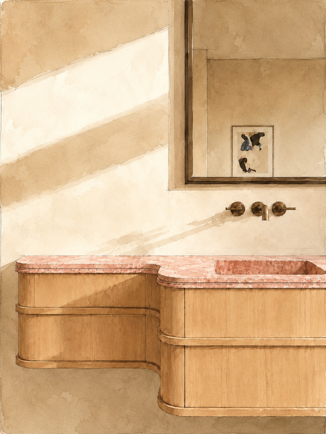 Watercolour concept study of a pink terrazzo vanity with brass tapware and curved oak joinery
