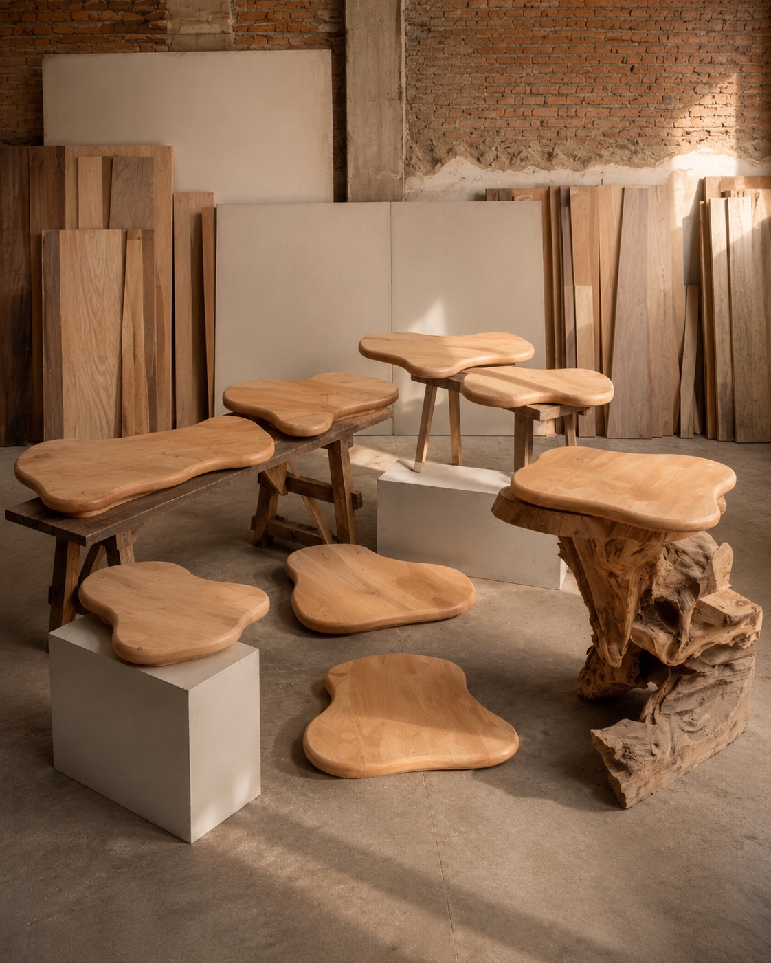 Sculptural wooden furniture pieces in a workshop, MOA Curations collection