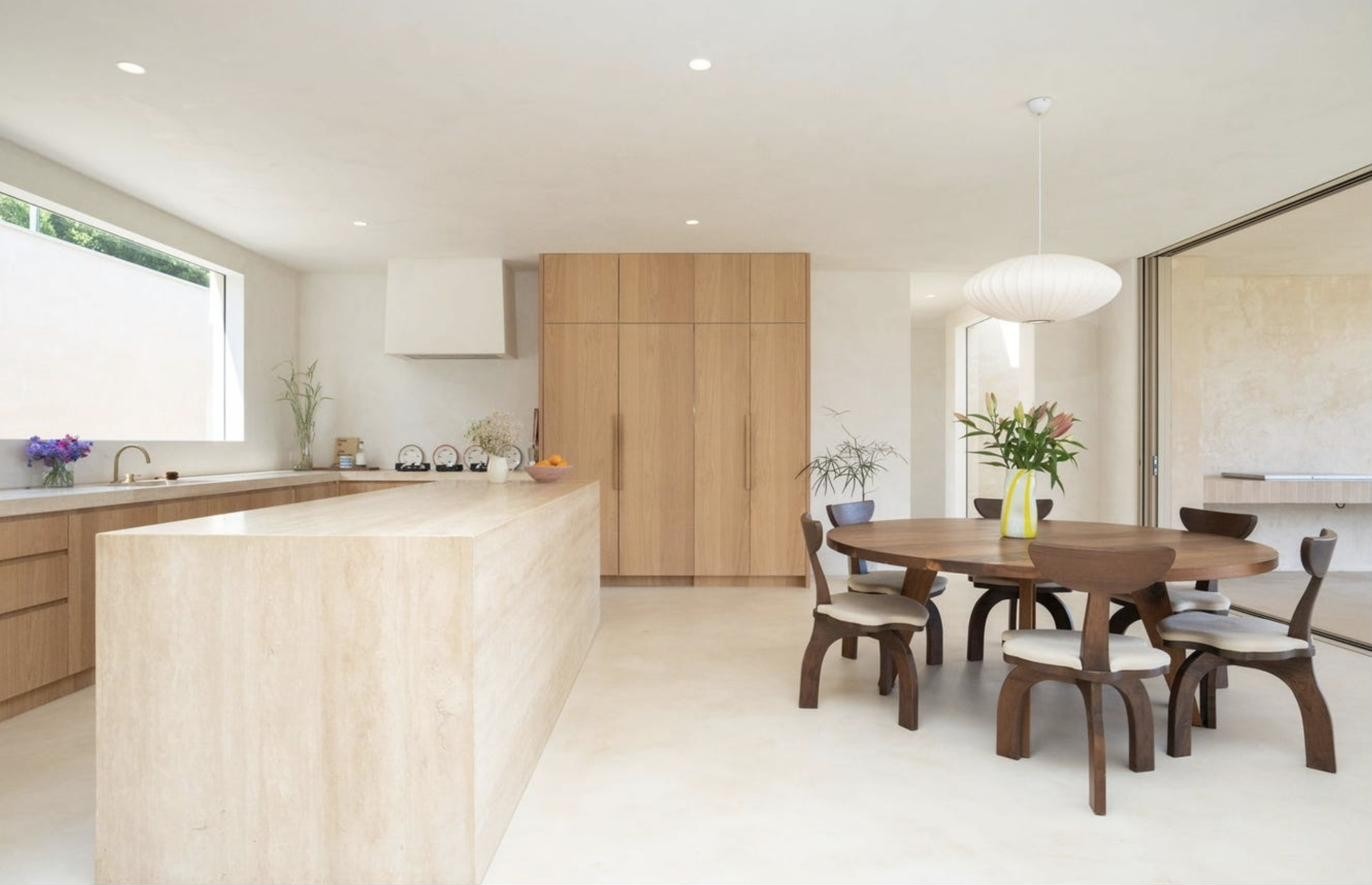 Kitchen and dining with travertine island, Komorebi Home
