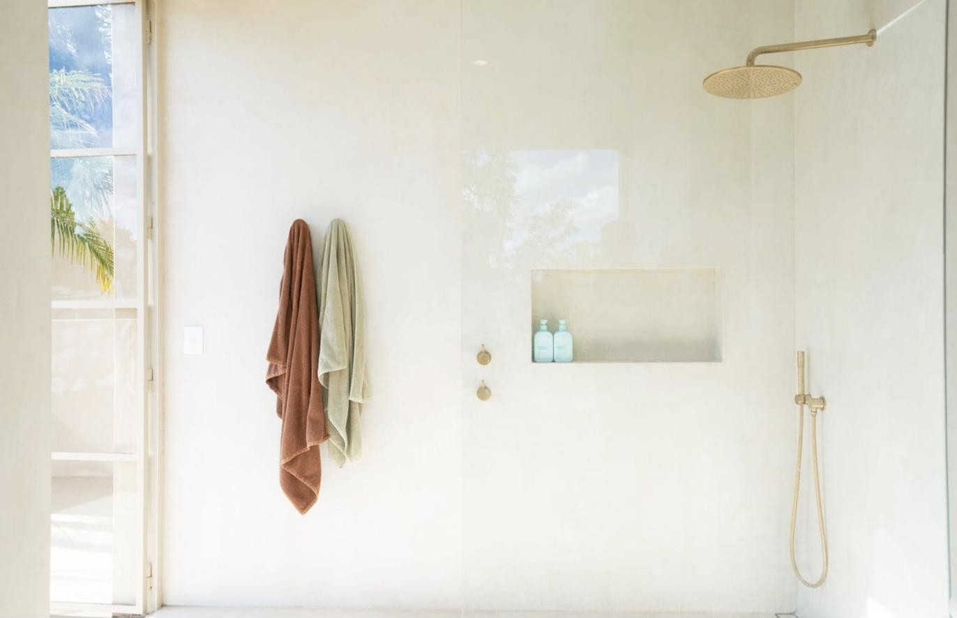 Shower detail with timber shelf, Komorebi Home