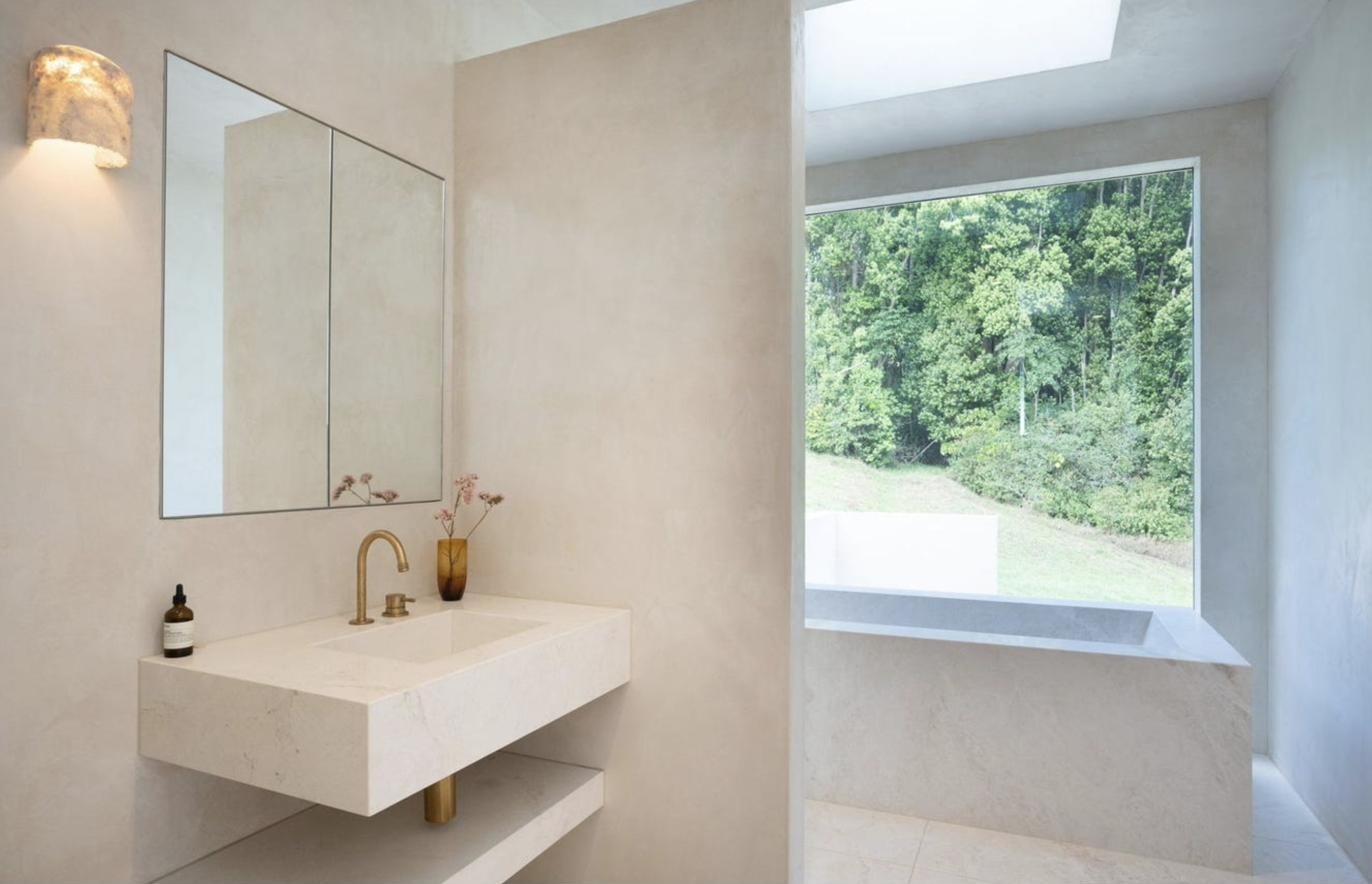 Stone vanity with garden window, Komorebi Home