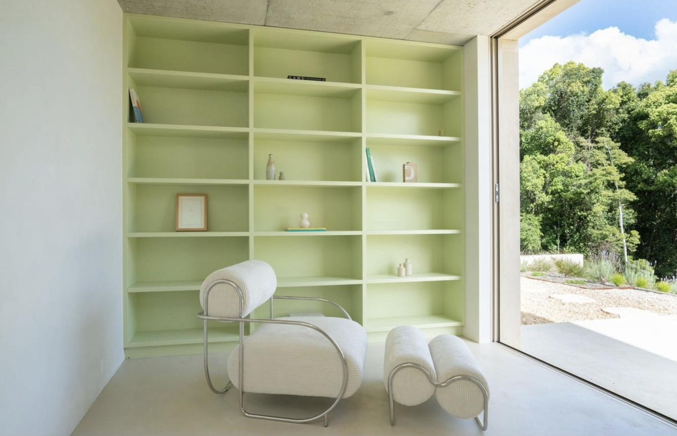 Sage green built-in shelving in the study, Komorebi Home