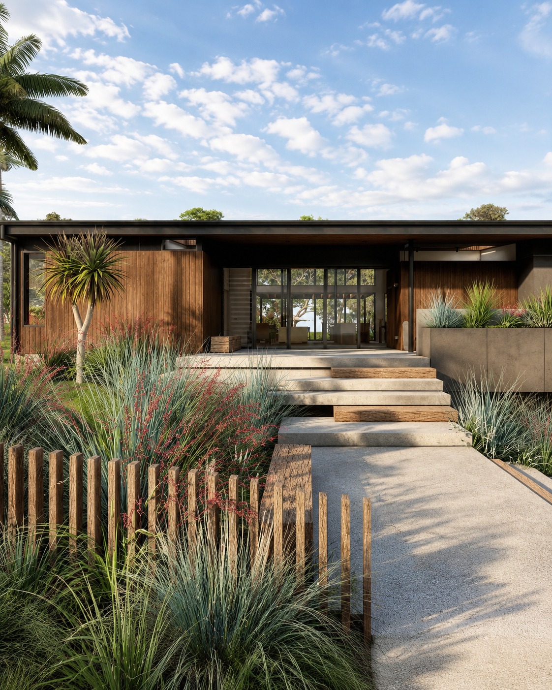 Front entrance walkway with native grasses and timber steps, Lennox Head Residence