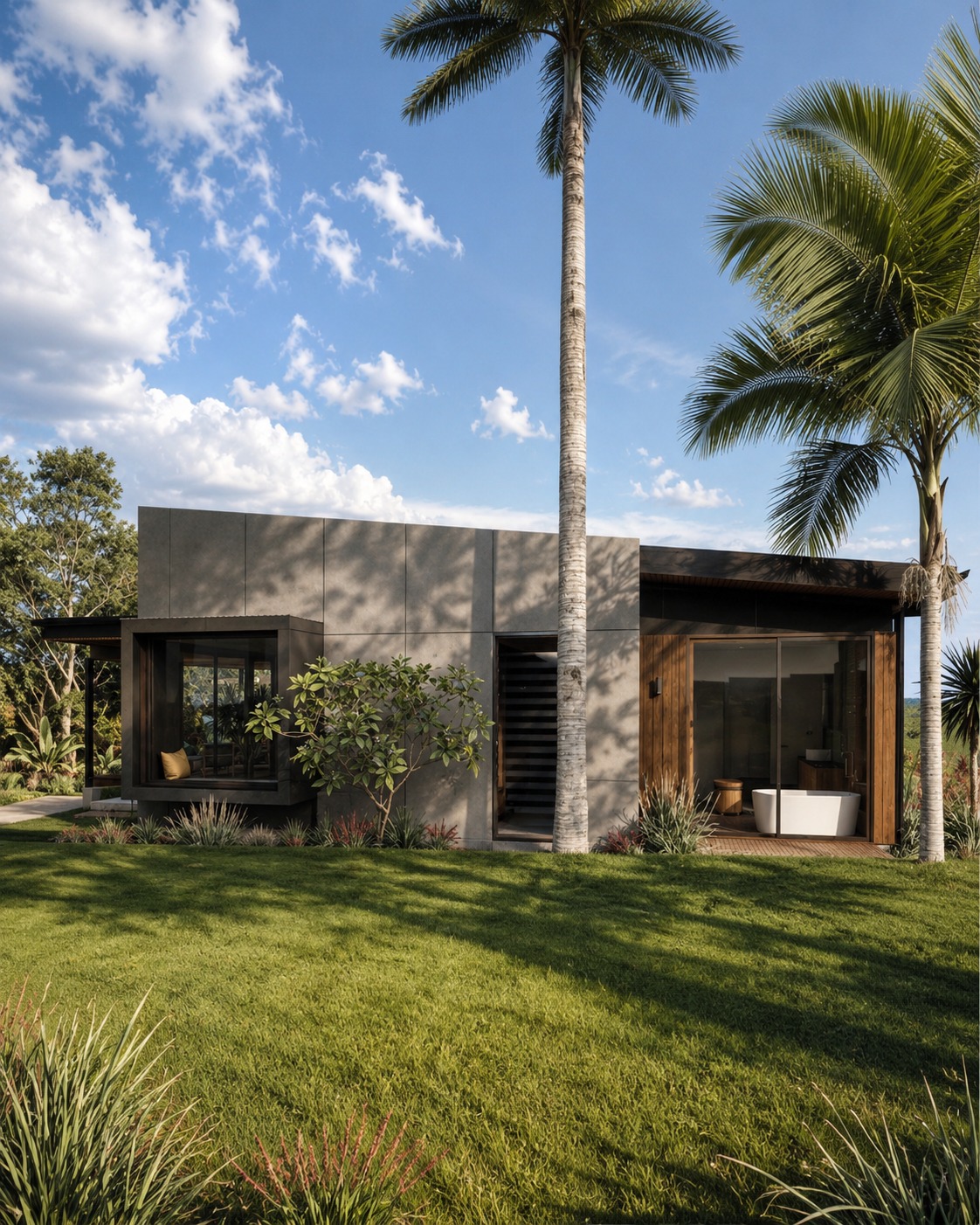 Side exterior view with palm trees and ensuite bath visible through glazing, Lennox Head Residence