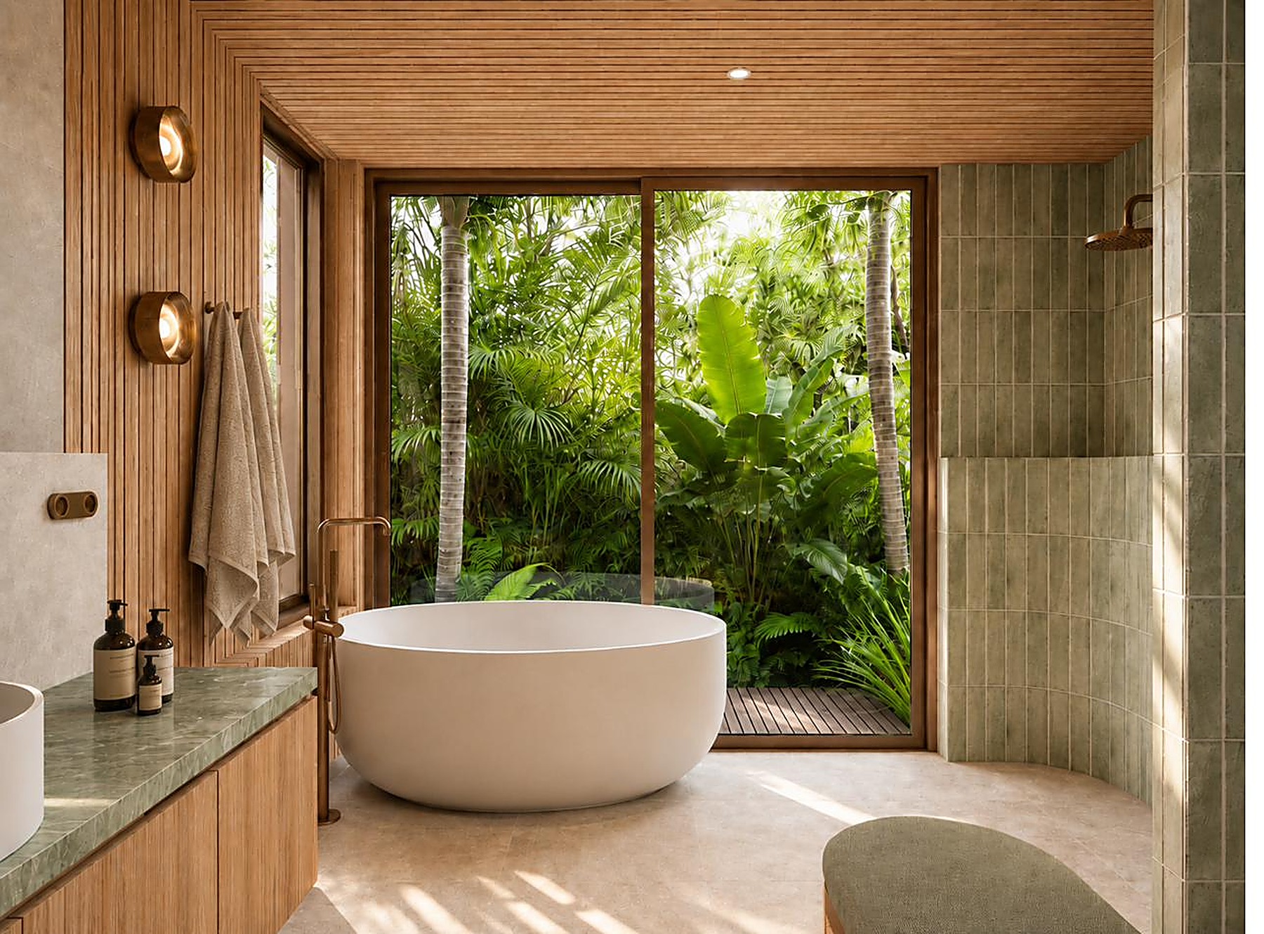 Freestanding stone bath opening onto rainforest, Lennox Head Residence