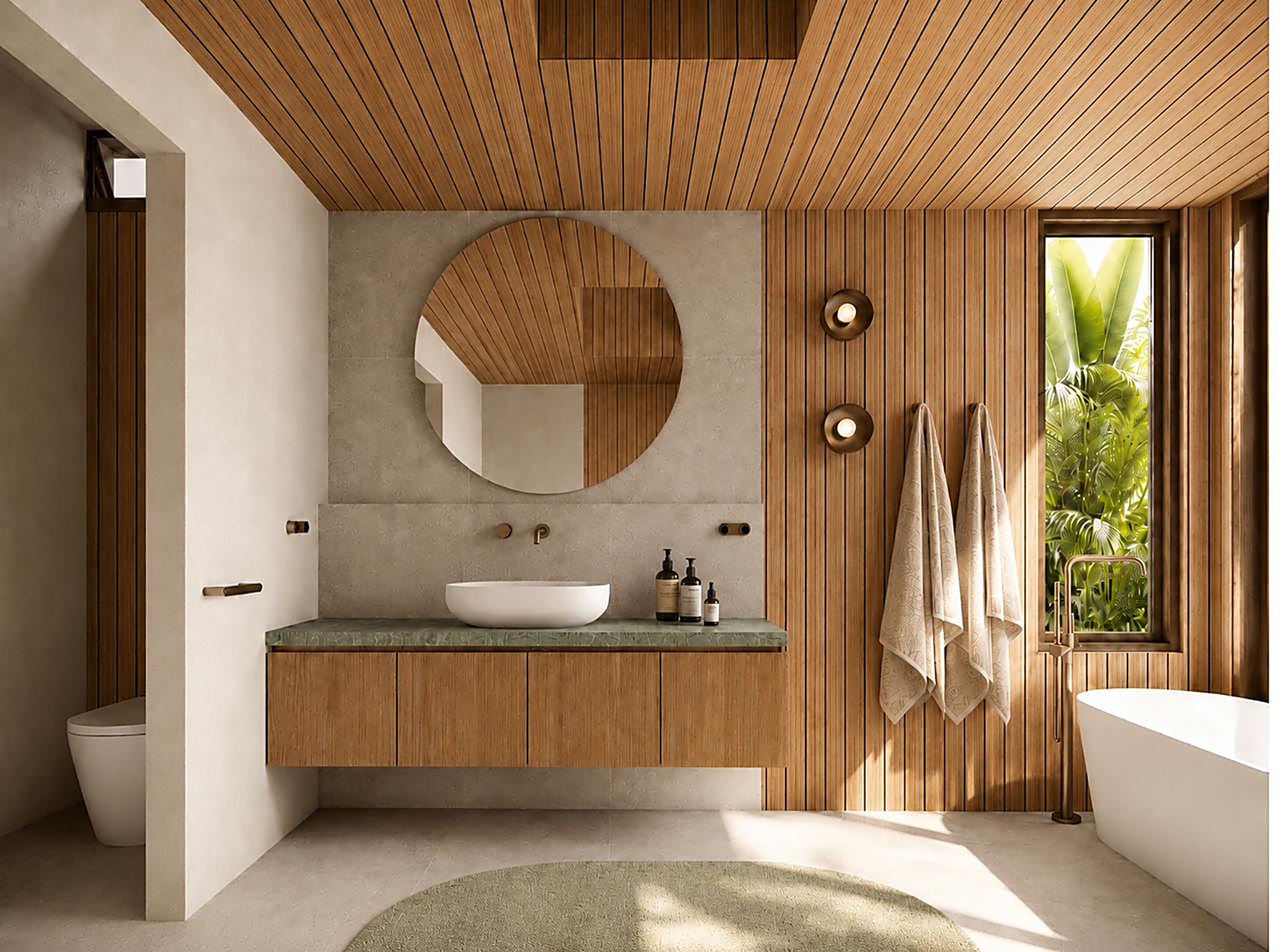 Timber-lined ensuite with round mirror, green stone vanity top and rainforest views, Lennox Head Residence