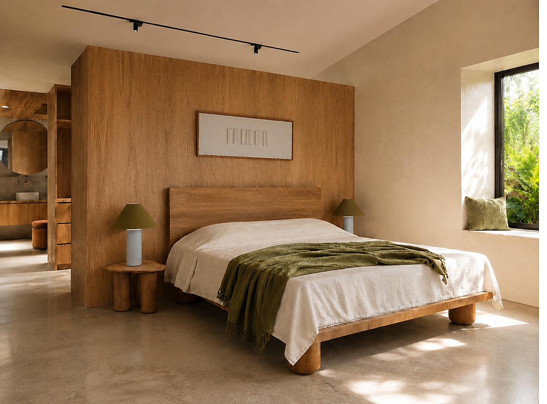 Master bedroom with timber headboard wall opening onto ensuite, Lennox Head Residence