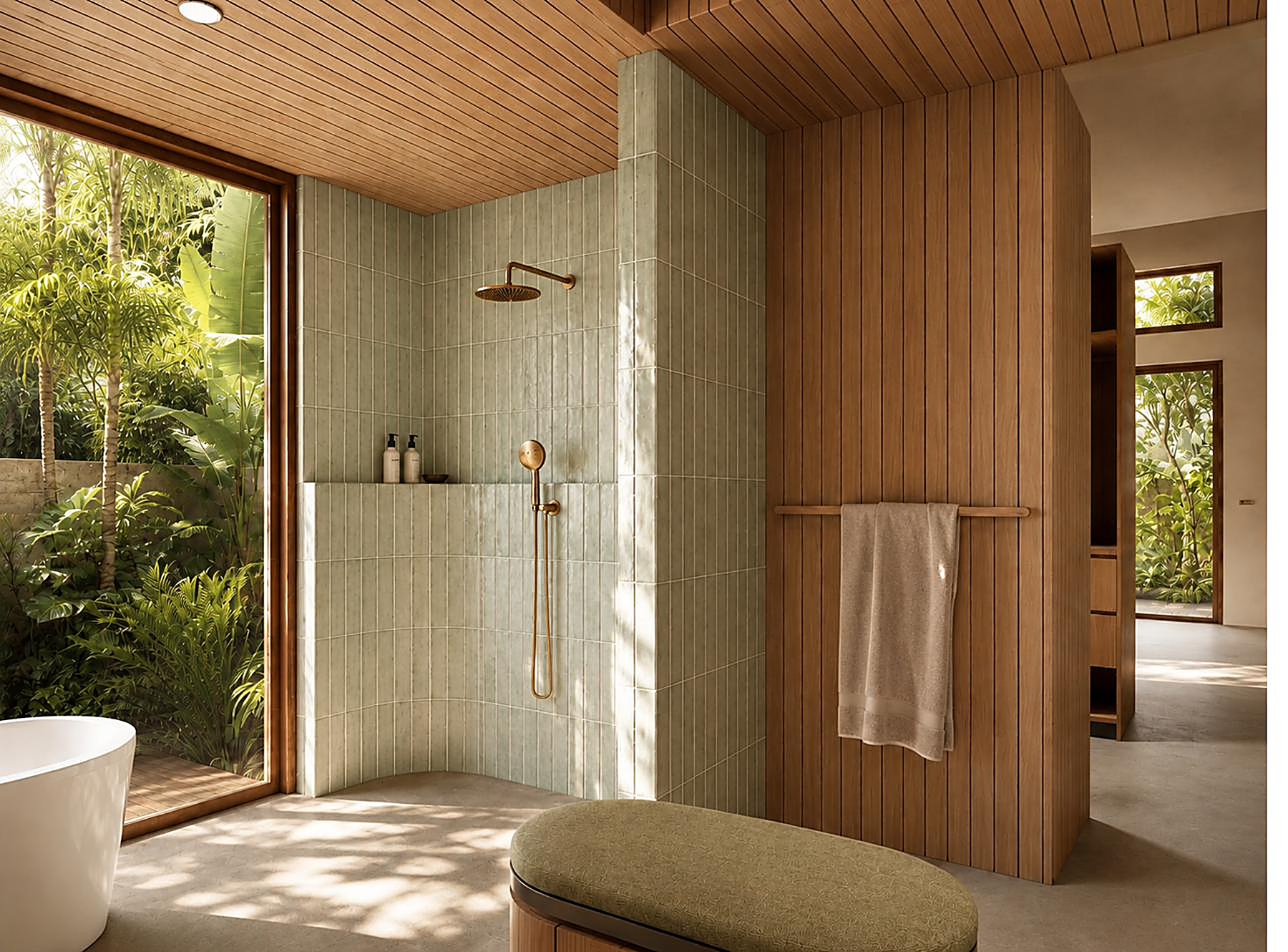 Green tiled shower with brass fixtures opening onto rainforest, Lennox Head Residence