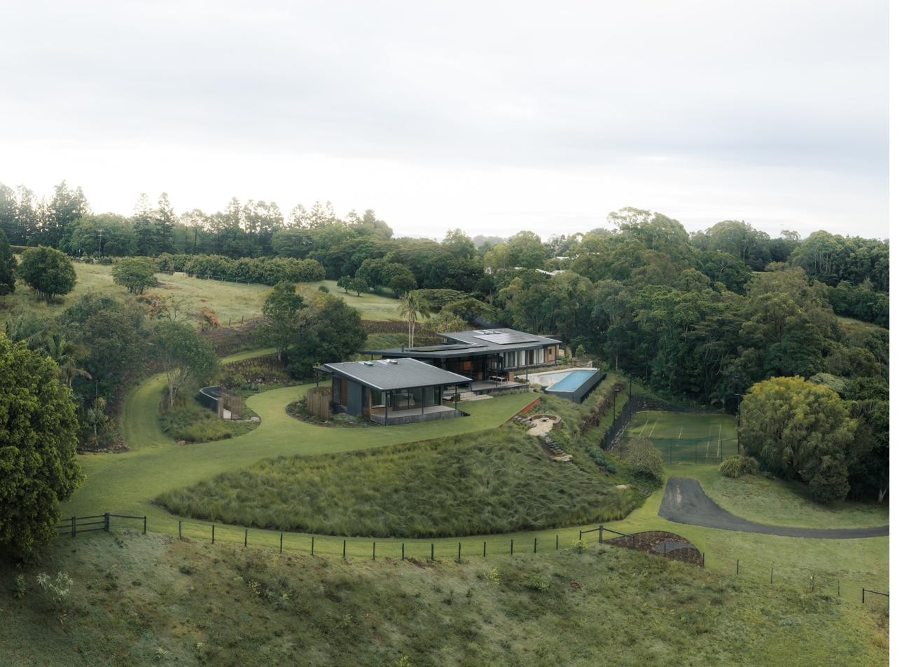 Aerial view of the residence and surrounding paddocks, Newrybar Residence