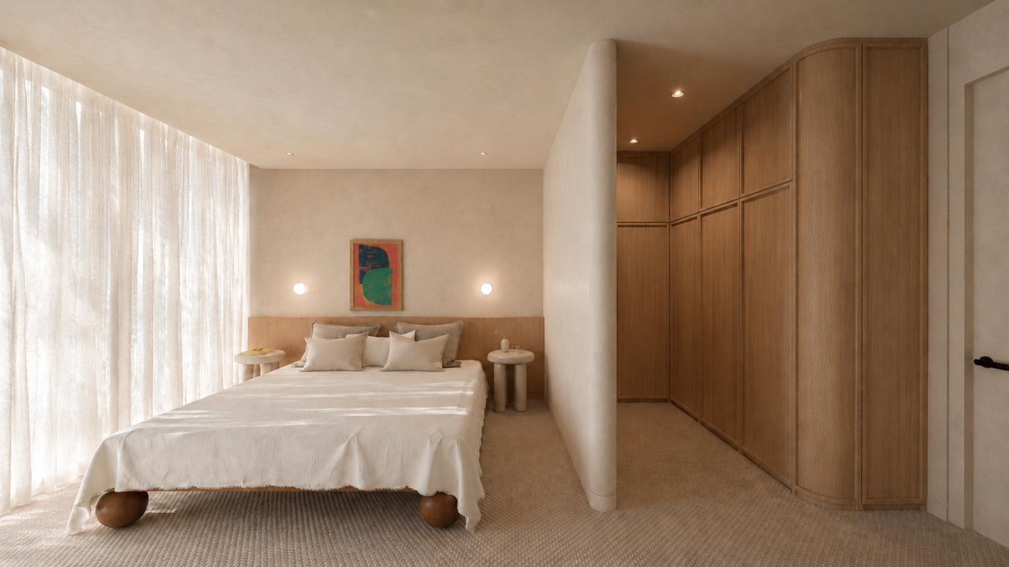 Bedroom with sheer curtains, curved plaster wall and curved oak wardrobe wrapping the corner