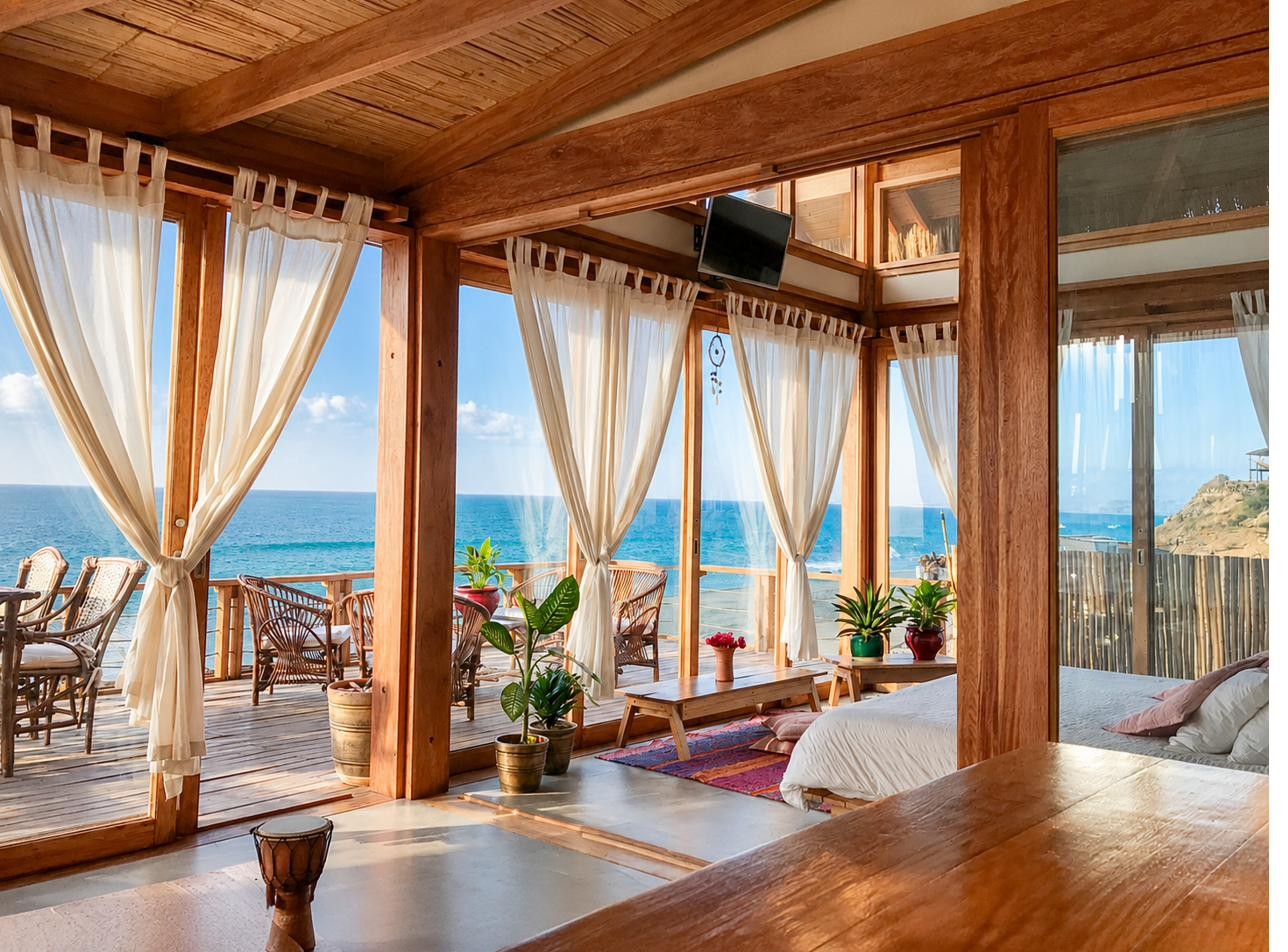 Bedroom opening onto an ocean-facing deck, Wak'a Villa