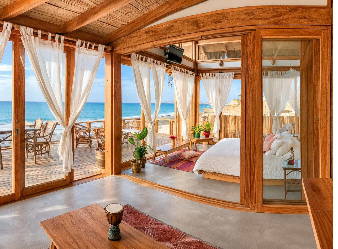 Bedroom with sheer curtains and ocean view, Wak'a Villa