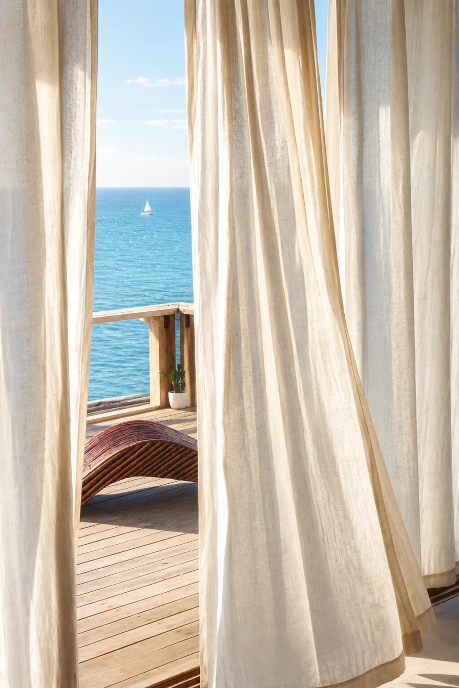 Sheer curtains framing a daybed and the ocean beyond, Wak'a Villa