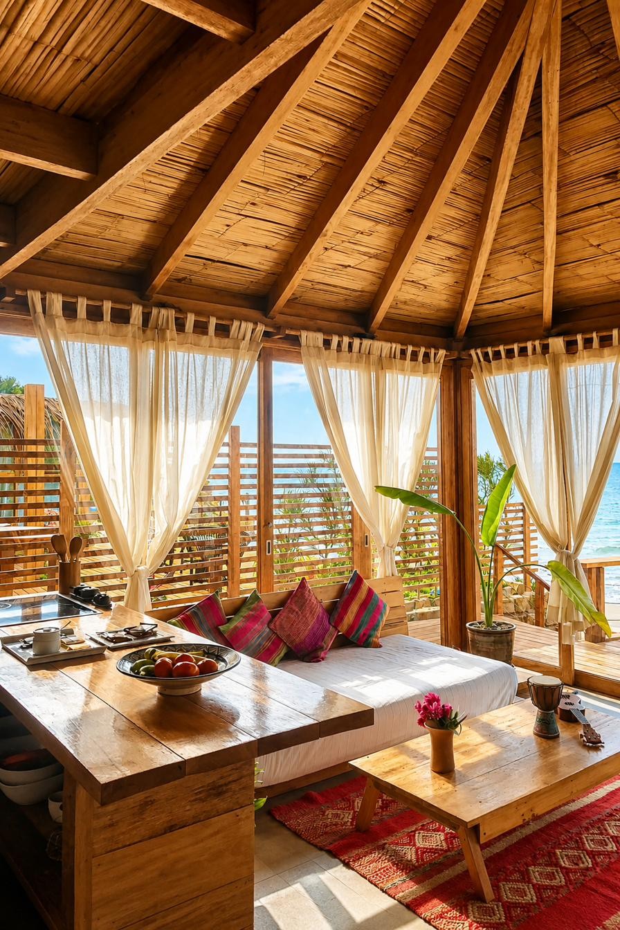 Low timber lounge seating with ocean views, Wak'a Villa