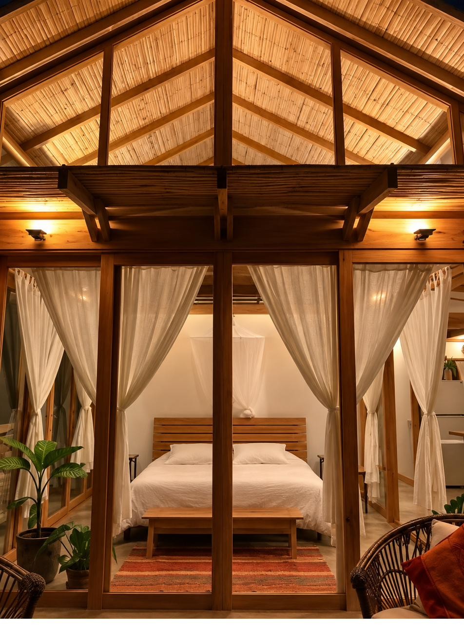 Bedroom lit warmly with sheer curtains drawn, Wak'a Villa