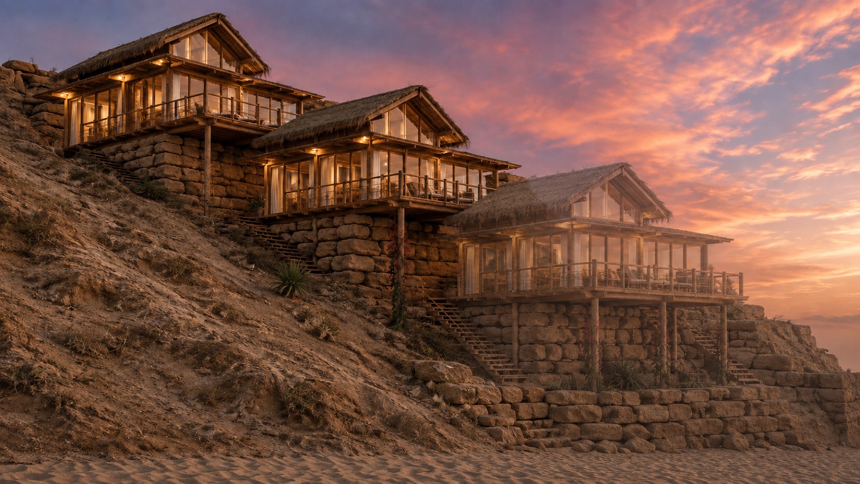 Wak'a Villa cliffside compound at sunset, thatched timber villas built into the rock above the beach